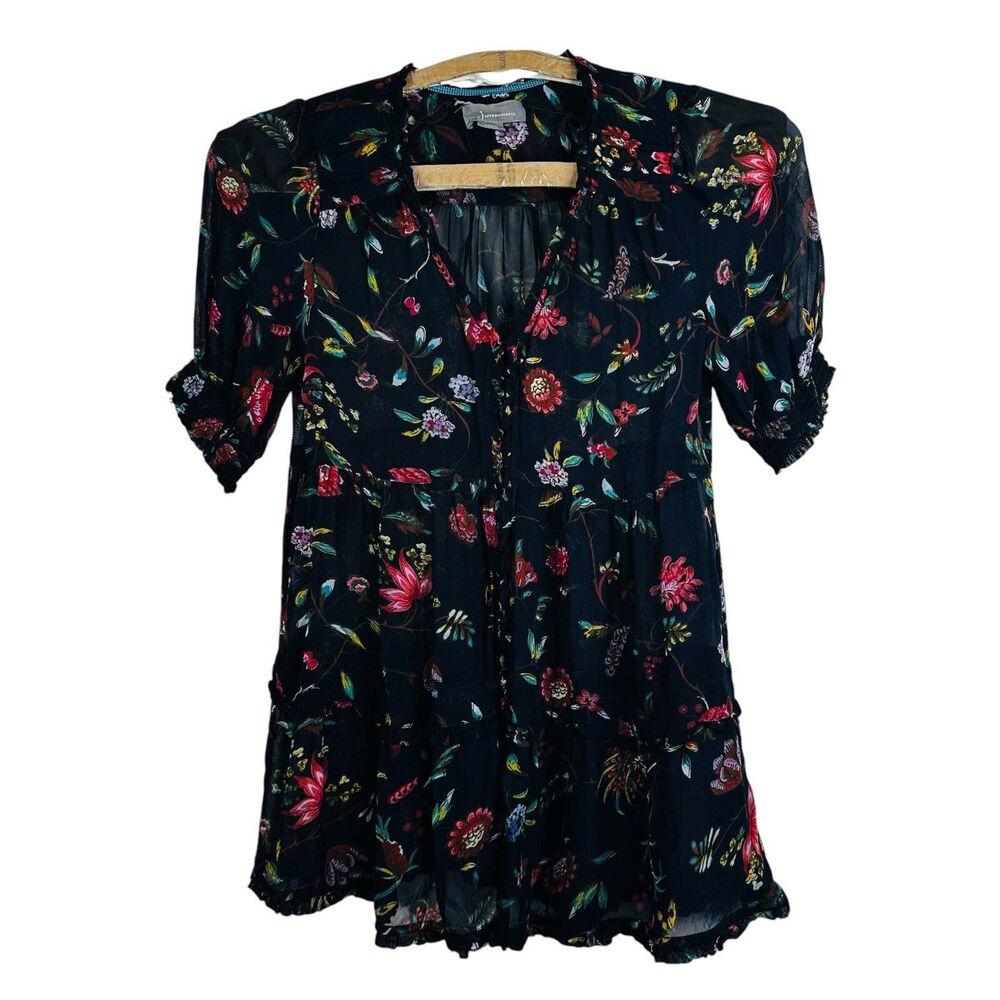 Anthropologie Salzburg Sheer Tunic Top Floral Ruffle Tiered Puff Sleeve Black S